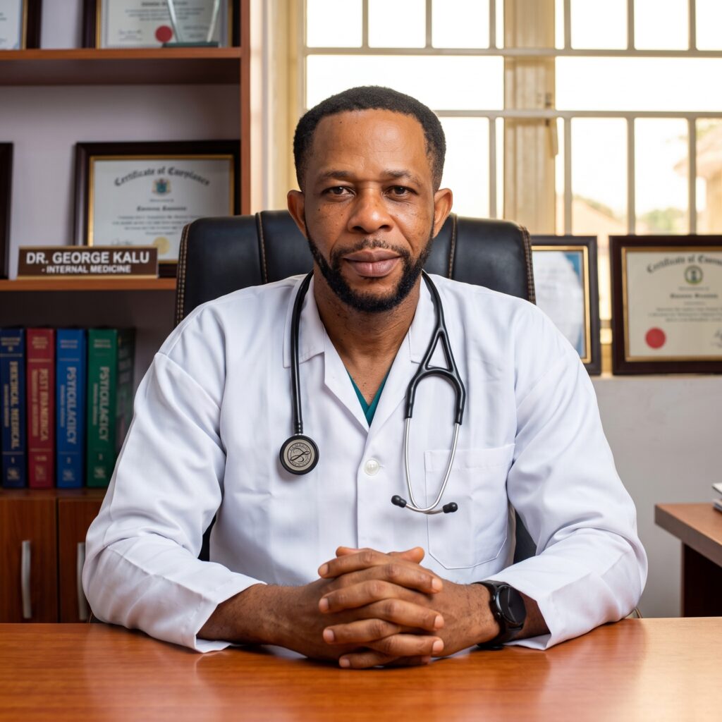 Dr. George Kalu seated in his office